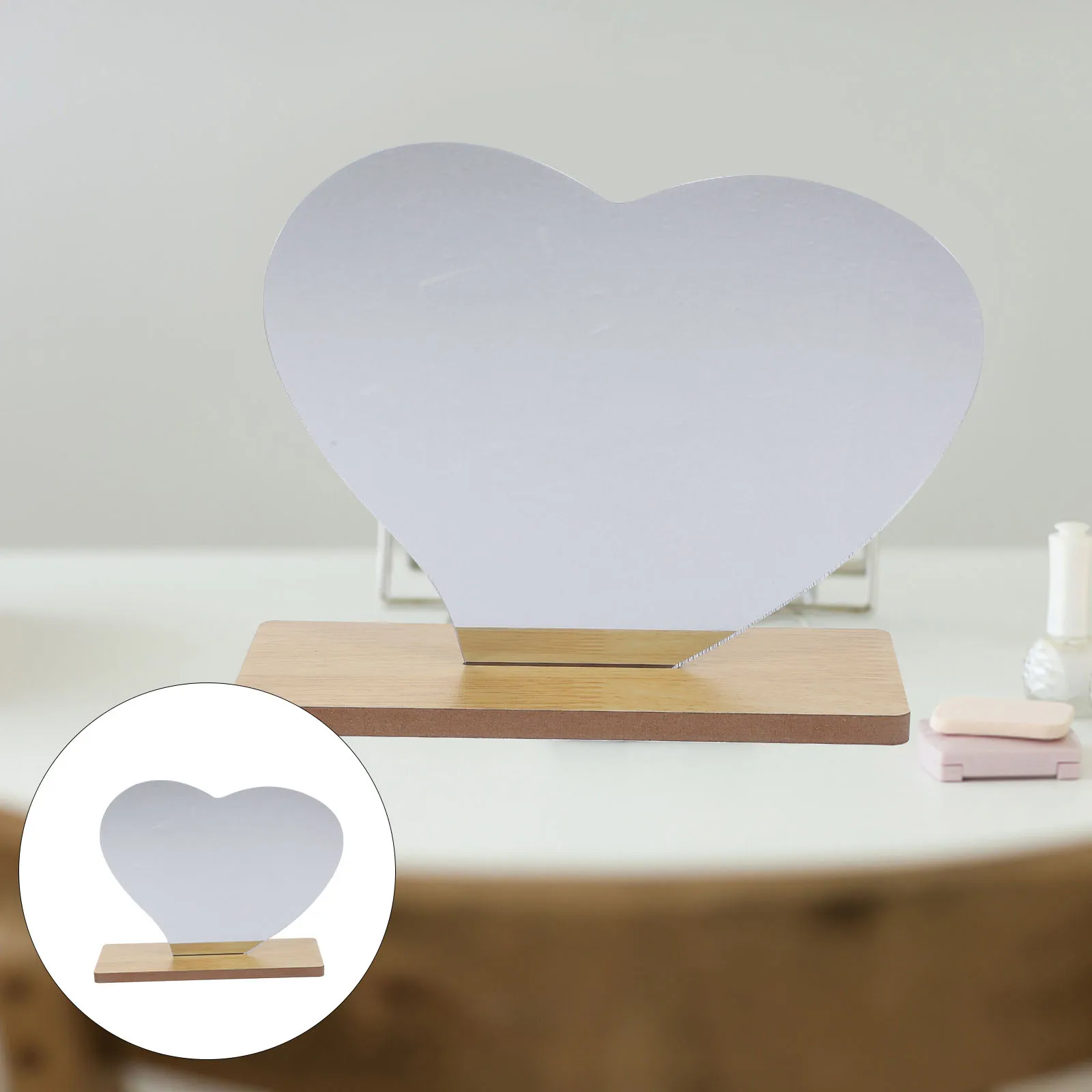

Irregular Desktop Makeup Mirror Wooden Base Acrylic Surface Durable Stable Heart Shaped Vanity Small Mirror for Desk