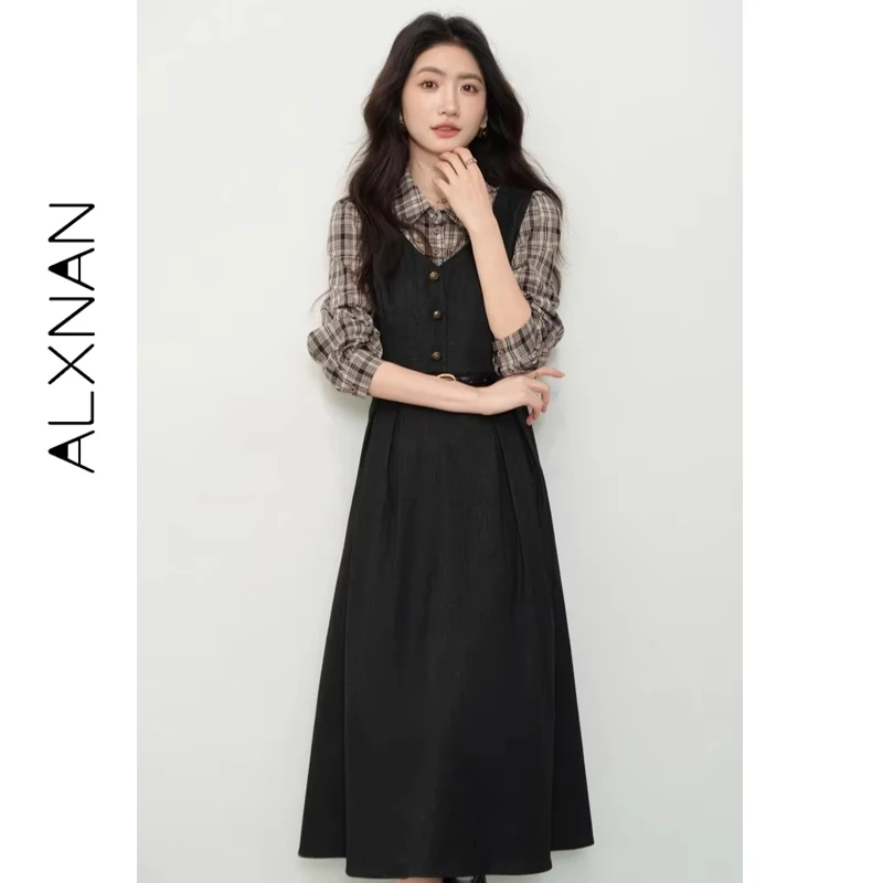 ALXNAN Langarm-Kleid, Herbst-Hemd, Patchwork, Umlegekragen, kariertes Kleid, 2025, formelles Pendeln, langes Damenkleid L57722