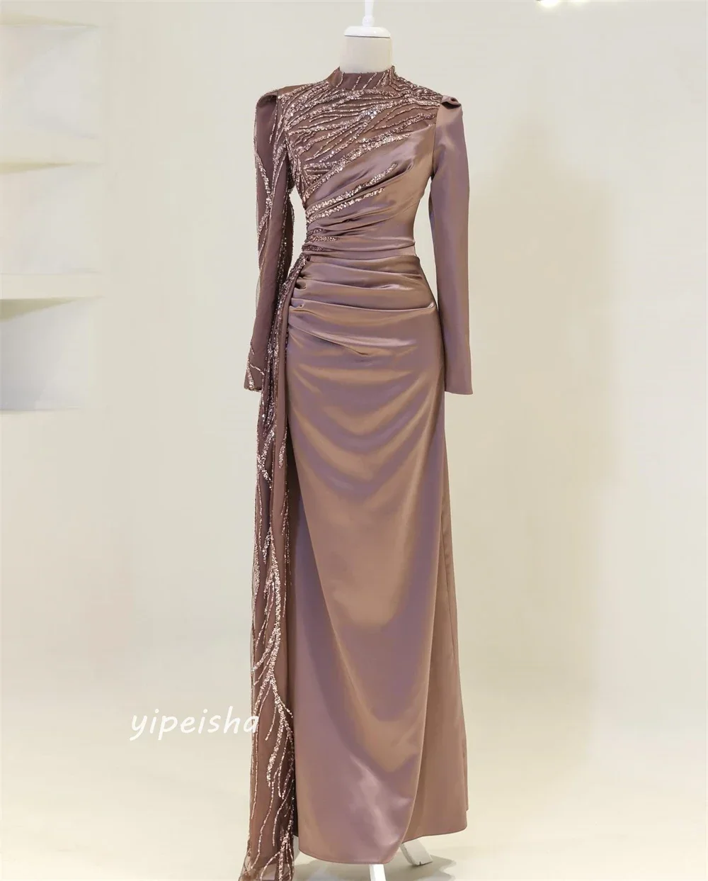 Customized Beading Draped Pleat Clubbing A-line High Collar Bespoke Occasion Gown Long Dresses Saudi Arabia Exquisite Simple Fas