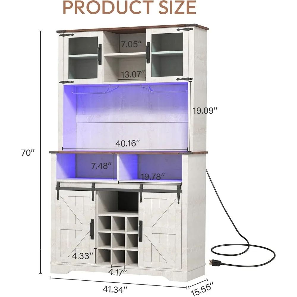 Kaffee-Barschrank mit Stauraum, 72" hohes Küchenbuffet mit Behälter, Wein- und Gläsregal, Schiebetür, Ladestation