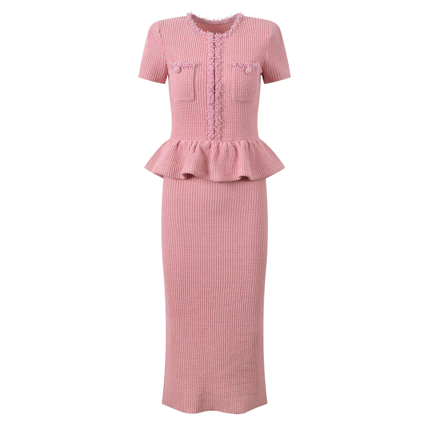 CHUJIE 2025 Jesień Zima Nowa Francuska Sukienka w Stylu Socjality, Lekki Luksus, Ozdobiona Koralikami, Okrągły Dekolt, Imitacja Dwuczęściowej, Z Falbanami, Dopasowany Krój, Długa Sukienka