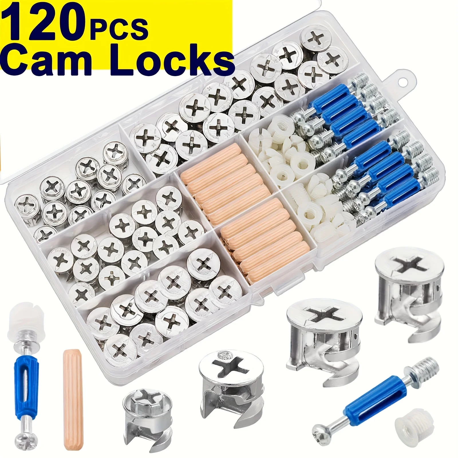 120-Piece Set of Furniture Hardware: Eccentric Cam, 3-In-1 Dowel Pin, Wood Dowel, and Rubber Insert (3-In-1 Furniture Cam)