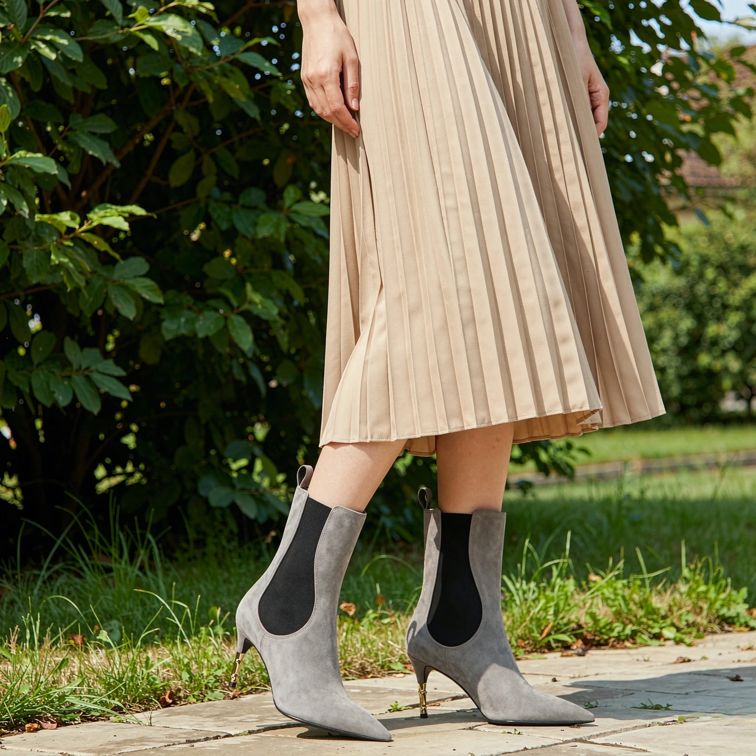 Women's Grey Suede Chelsea Boots Pointed Toe Stiletto Heel Ankle Booties Elastic Side Gold Metal Heel Slip On Fall Winter Office