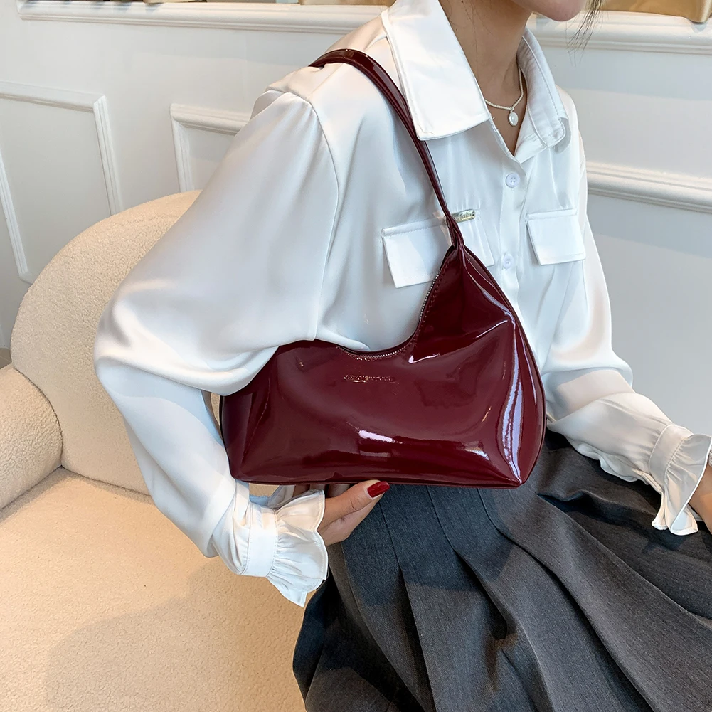 New Women Tote Bags Patent Leather Versatile Satchel Hobo Bag Casual Zipper Armpit Bag Moon HandBag Girl Luxury Shopper Purse