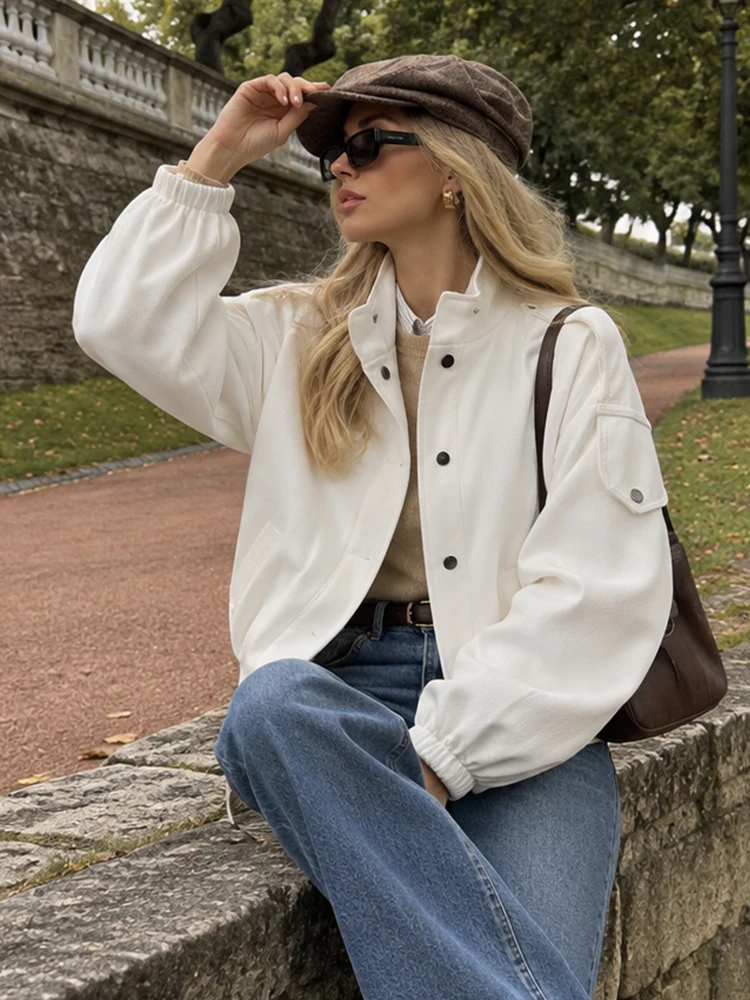 HH French Effortless Chic White Stand Collar Single Breasted Relaxed Fit Cropped Jacket Women Fall Daily Casual Outerwear