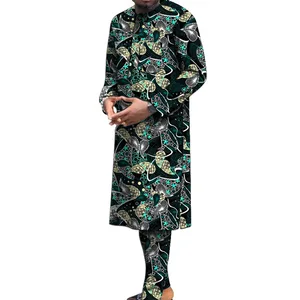 Herren Nigerian Polyester Print Set Sleeve Sleeve + traditionelle afrikanische Hosen Herren Hochzeits-/Bräutigam -Partyanzug 8 Hauptverkäufe Nigeria Shirt - №1