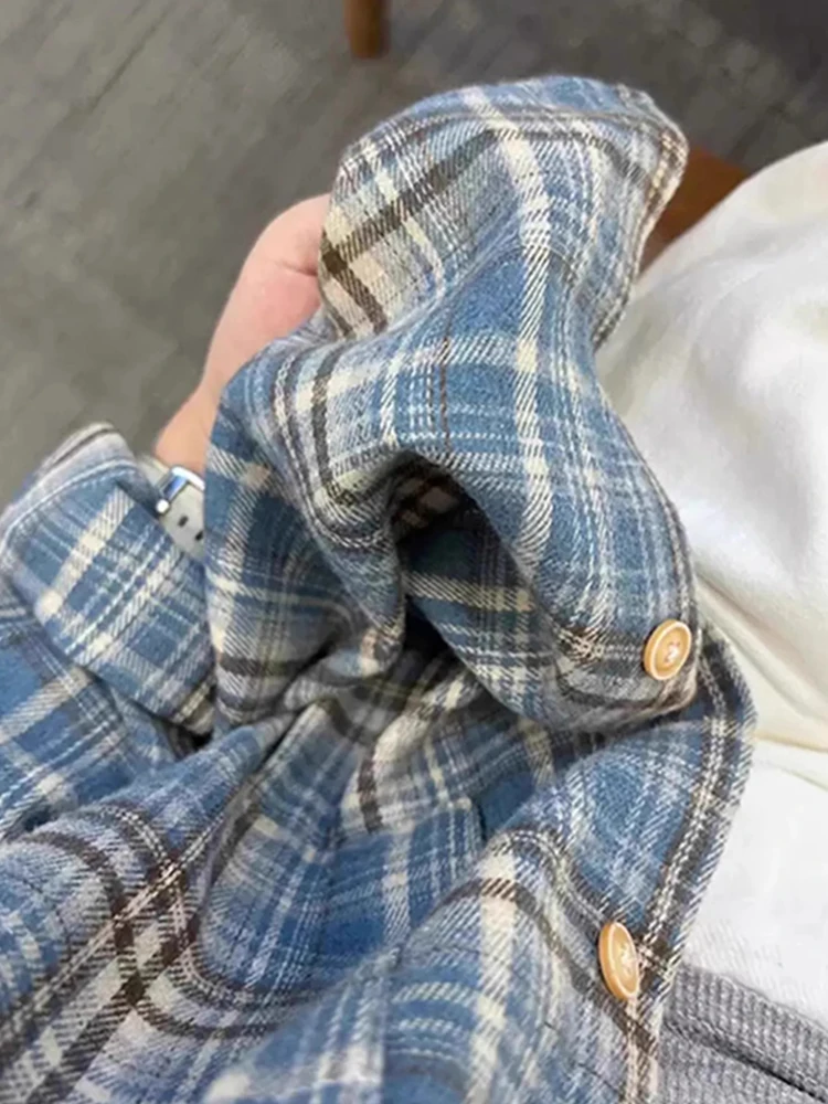 

Blue Plaid Brushed Long Sleeve Shirt Men's Spring Summer Shoulder Appropriate American Retro Inner Wear Layering Couple Jacket