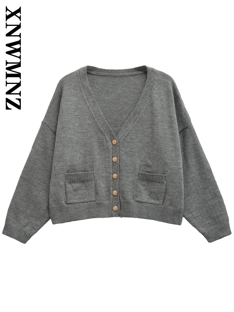 XNWMNZ-Cardigan Triblockchain à Manches sulfet Col en V pour Femme, Manteau Décontracté Vintage, Couleur Unie, Simple Boutonnage, Haut à Volants, Collection Automne 2024