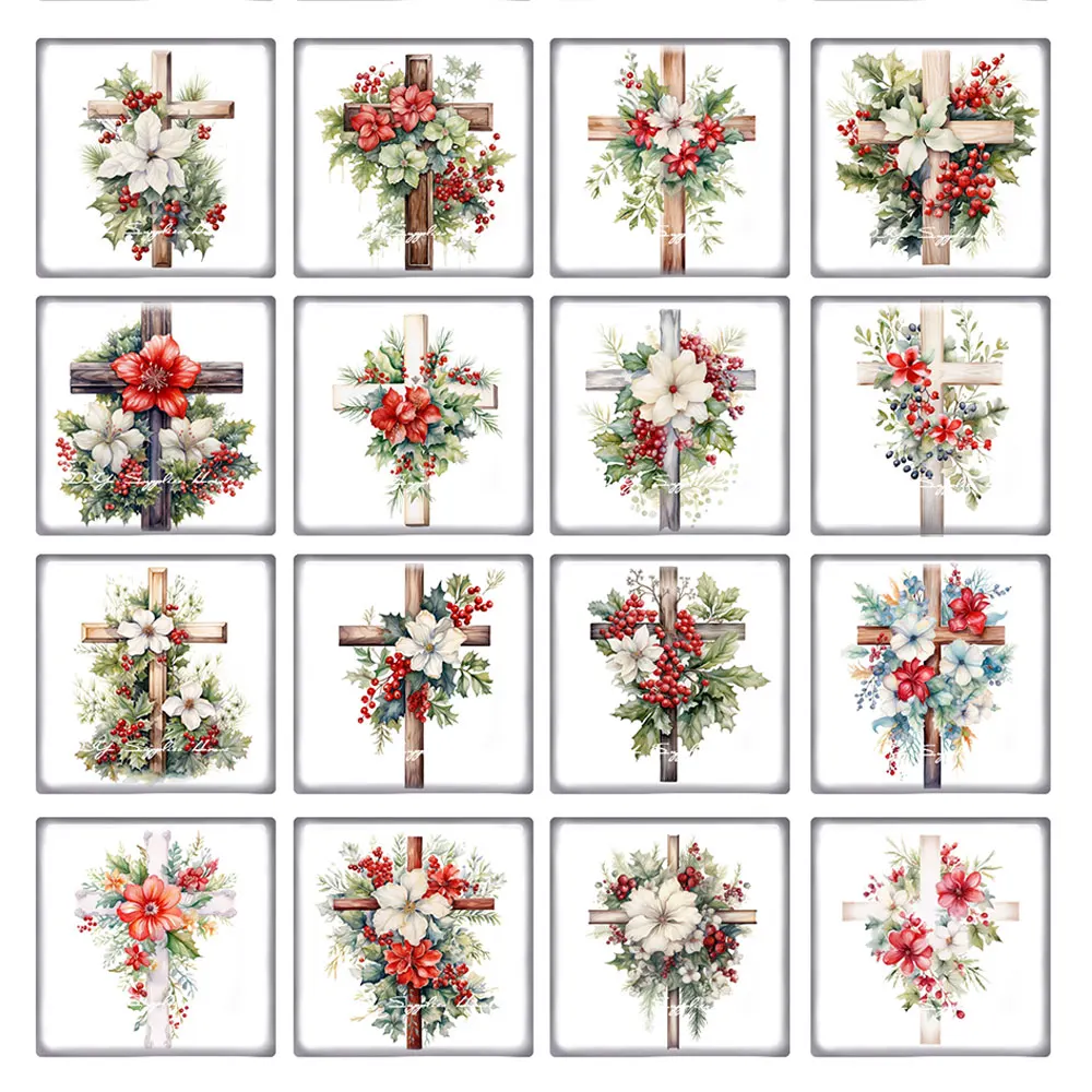 

10pcs/lots Christmas X-mas Winter Cross Flower Square Photo Glass Cabochon Charms Demo Flat Back Cameo For Diy Jewelry Making