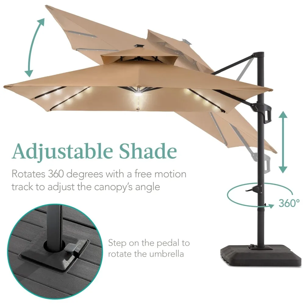 

10x10ft Cantilever Patio Umbrella W/Base Included, Solar LED Lights 360 Rotation Large Offset Hanging Outdoor Shade, Customized