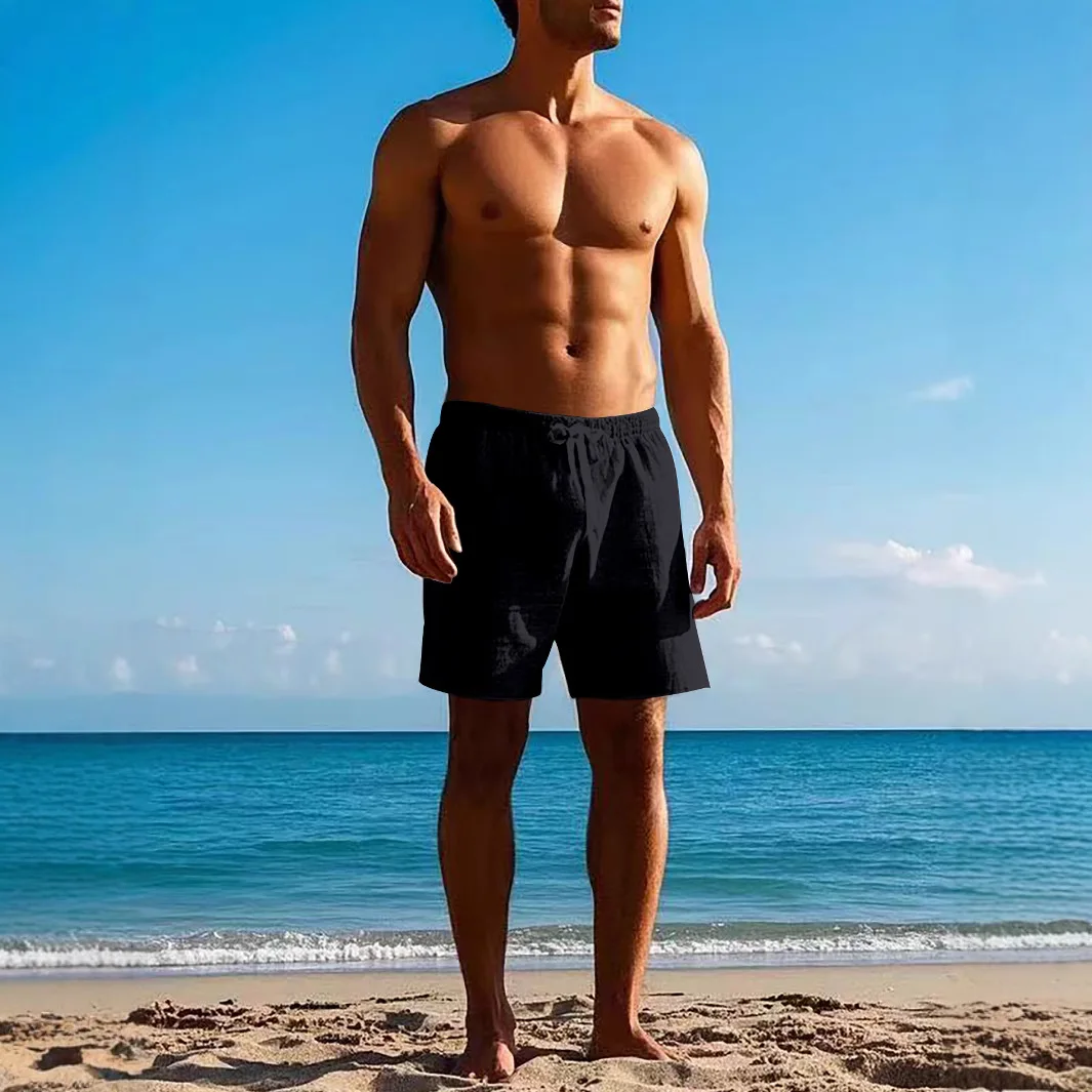Men's Linen Shorts Pants Solid Color Pants Breathable Beach Pants Casual Five-point Pants