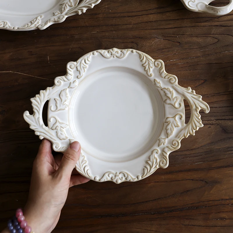 

French Ceramic Double Ear Plate Retro Relief Dessert Western Cuisine Plate Kiln Turned High End Tableware