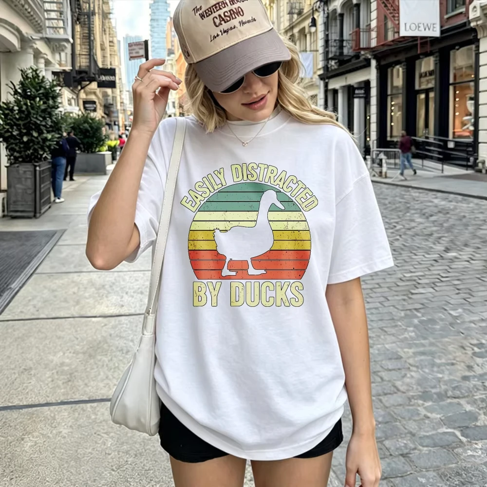 Funny Easily Distracted By Ducks Retro Sunset Print Tshirt Vintage Duck Animal Graphic Short Sleeve Casual Weekend Farm Tops Tee