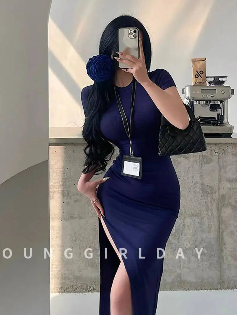 الأساسية ضيق المناسب ضئيلة قصيرة الأكمام الخصر Cinching شق منتصف طول الورك المعانقة فستان تي شيرت الحلو الكورية النساء بلايز G8F8 #6