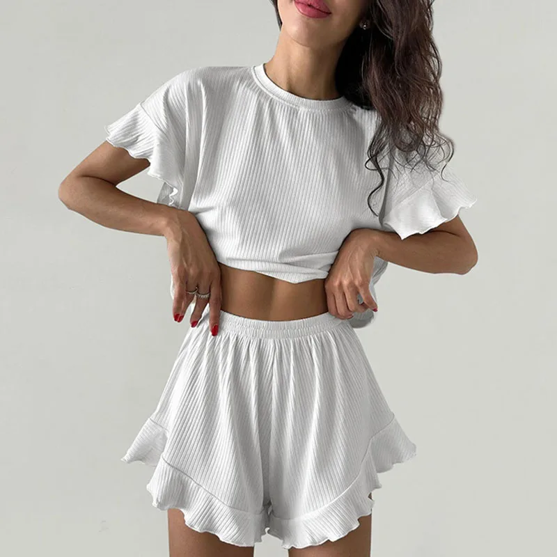 Summer New Pajamas Shorts Set Knitted Solid Color Ruffled Short Sleeved 2 Piece Set Women\'s Home Wear Casual Sleepwear Clorhes