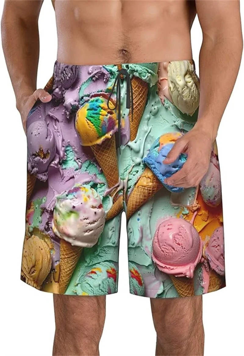 

Men's Vibrant 3D Ice Cream Print Hawaiian Shorts Summer Casual Loose Beach Shorts Clothes Men's Swimming Trunks Board Shorts