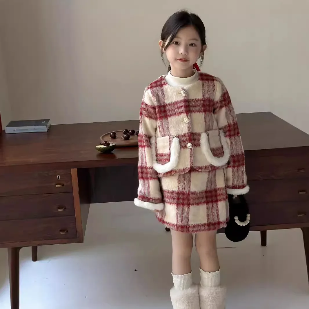 Girls Suits 2024 Winter Girls Wool Pocket Coat Skirt Female Treasure Temperament Red Check Two-piece Set Korean Simple Style