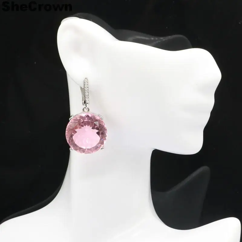 35x20mm Big European Design Round 16g 20mm Pink Kunzite CZ Women Dating Silver Earrings Pendant