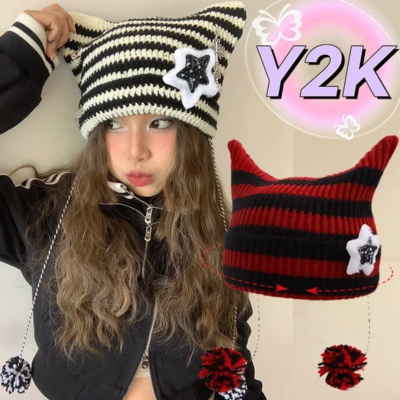 Y2K Beanie Hat Ins Devil Ear Striped Knitted Wool Cap Autumn Winter Pentagram Cute Cat Ears Pointed Pullover Women\'s Hats