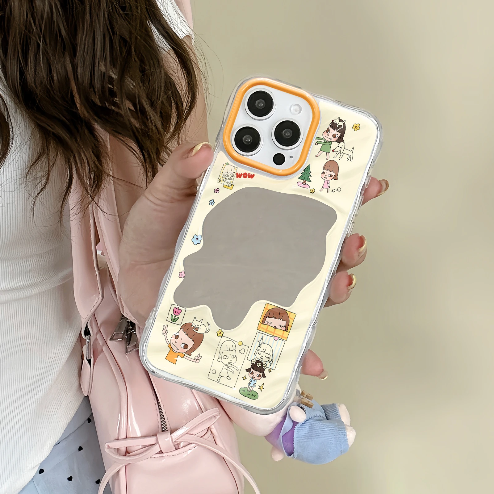 Simple Line Cartoon Girl Sticker Mirror Phone Cover, Clear Wavy All-in Orange Camera Frame TPU Case for All iPhone 11-17 Series - view 5