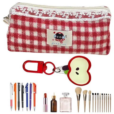 Cute Kitty Pencil Pouch with Apple Pendant Stationery Organizer Cosmetic Bag for Girl Students