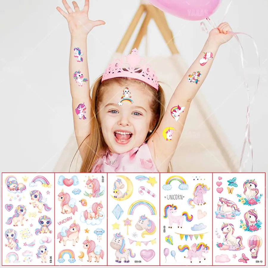 10Sheets/lot Children Cute Cartoon Unicorn Temporary Tattoo Stickers Baby Shower Kids Body Makeup Sticker Tattoos Mermaid Party