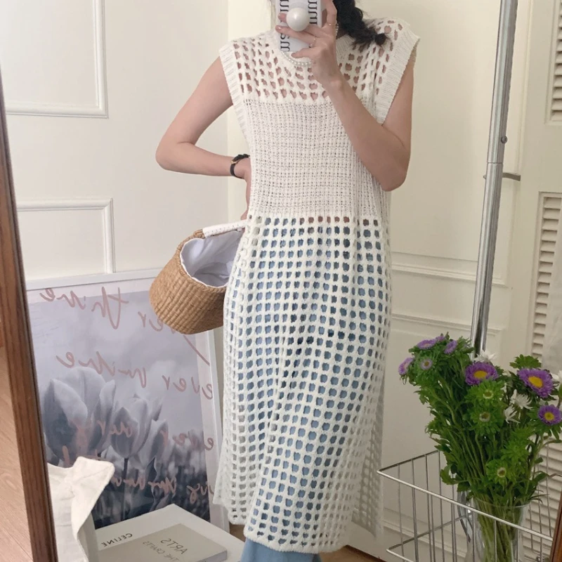 เดรสแฟชั่นคอโอทรงหลวมสำหรับผู้หญิง ดีไซน์ใหม่ลำลอง ผ่าข้าง เหมาะสำหรับงานปาร์ตี้ แขนกุด ผ้าถักแบบโปร่ง เรียบง่าย สไตล์ลำลองสำหรับใส่ทำงาน