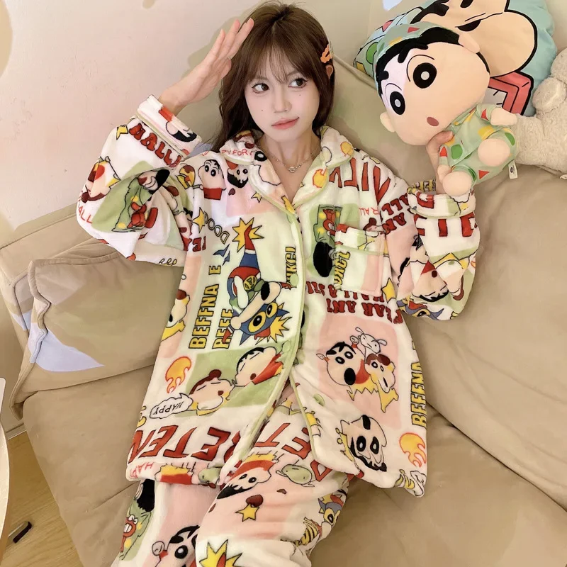 Crayon nuevo pijamas de franela para mujer Otoño Invierno grueso cálido traje para casa dibujos animados lindo estampado cárdigan de manga larga camisones