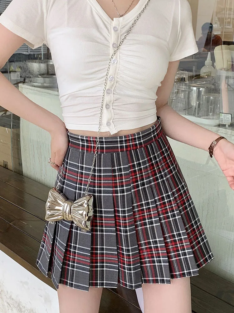 Women\'s Grey Plaid Pleated Skirt High Waisted A Line Short Saia School Clothes Korean Style Miniskirt Girls 2024 Summer Faldas