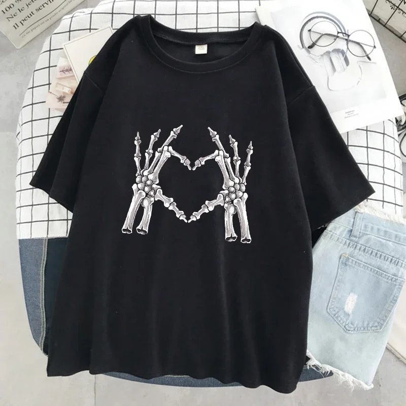 Fashion Women T-shirt Skeleton Fingers Compare To The Heart Print Short Sleeve T Shirt Female Street Casual Unisex Clothes Tops