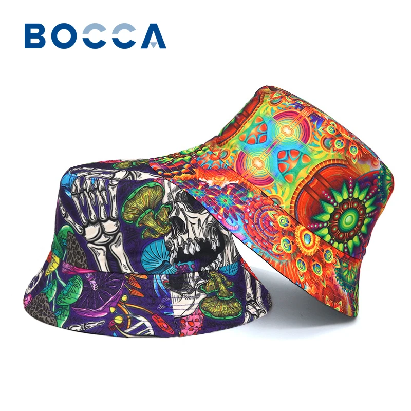 Bocca Mushroom Skull Printing Bucket Hat Cartoon Pattern Fisherman Hats Double Sides Reversible Panama Cap Outdoor New Style