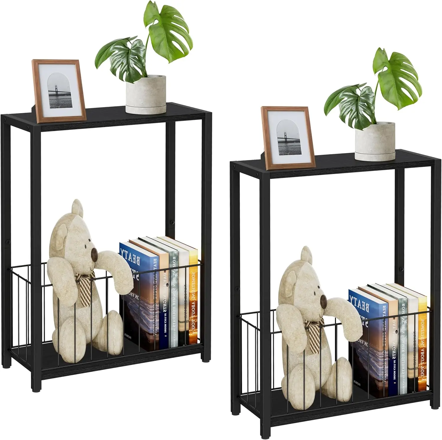

Ultra-Narrow Side Tables Set of 2 with Magazine Holder, Space-Saving Design for Small Spaces in Black