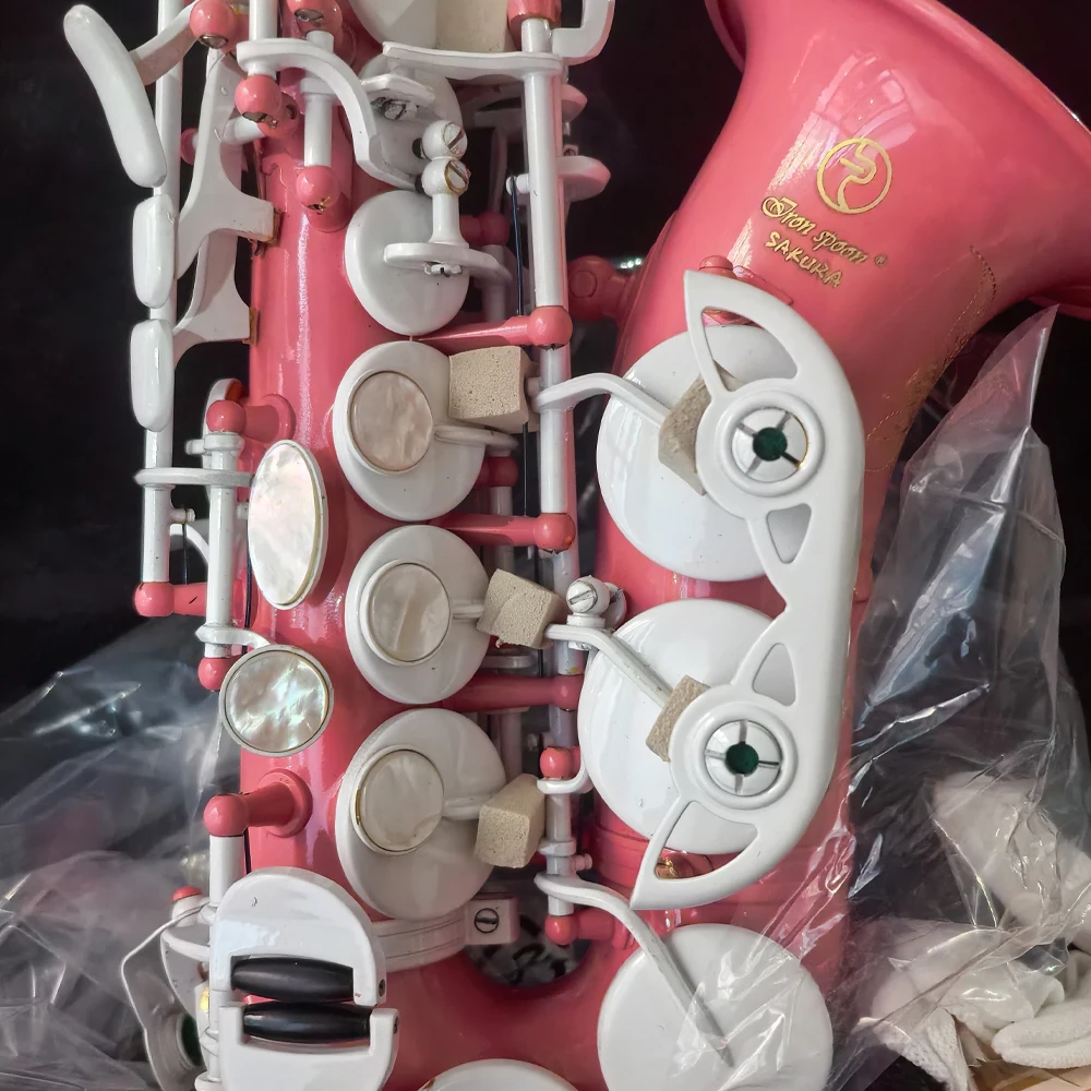 

Classic pink soprano elbow saxophone BB brass beautifully carved woodwind instrument with accessory case