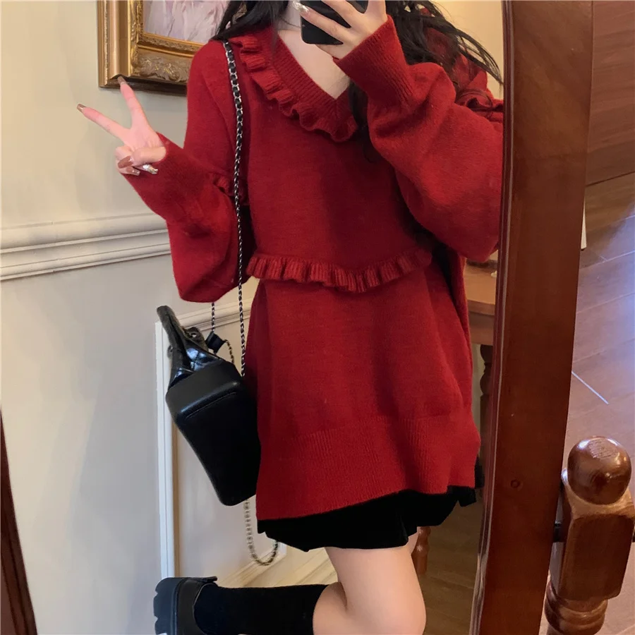 Damen Chic V-Ne Pullover Loose Fit Thiened Overhead Soft Herbst Winter Faion Korean Sle Retro Wood ain