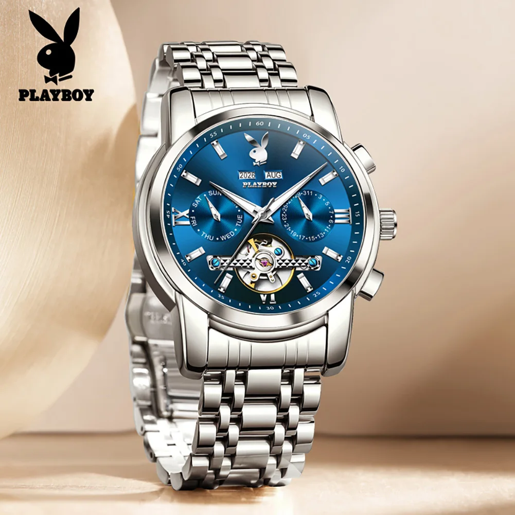 PLAYBOY Top Luxury Brand Men's Watch Flywheel Mechanical Wristwatch Waterproof Luminous Week Date Watches For Man Gifts 3140