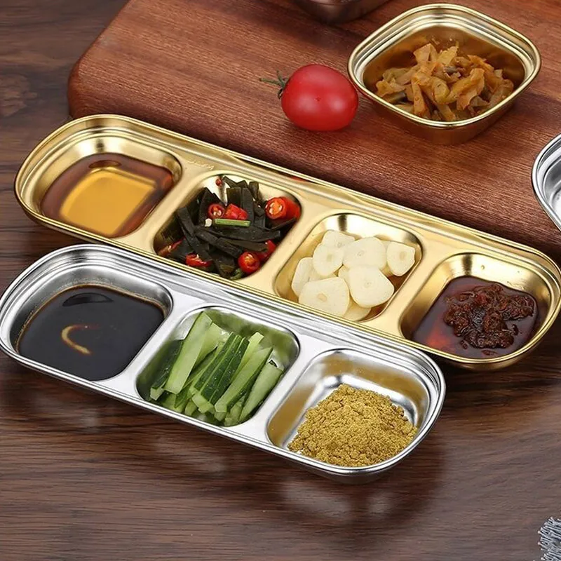 Stainless Steel Seasoning Dish Multi-grid Hot Pot Dipping Bowl Vinegar Soy Kimchi Sauce Dish Snack Plate Kitchen Tableware