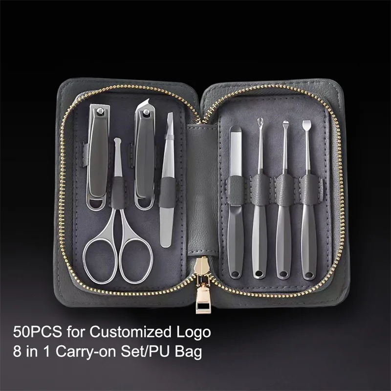 Manicure Set With Morandi Grey Top-Grade Full Grain Cow Leather Packaging Nail Clipper Kits Perfect Gift Friends Family