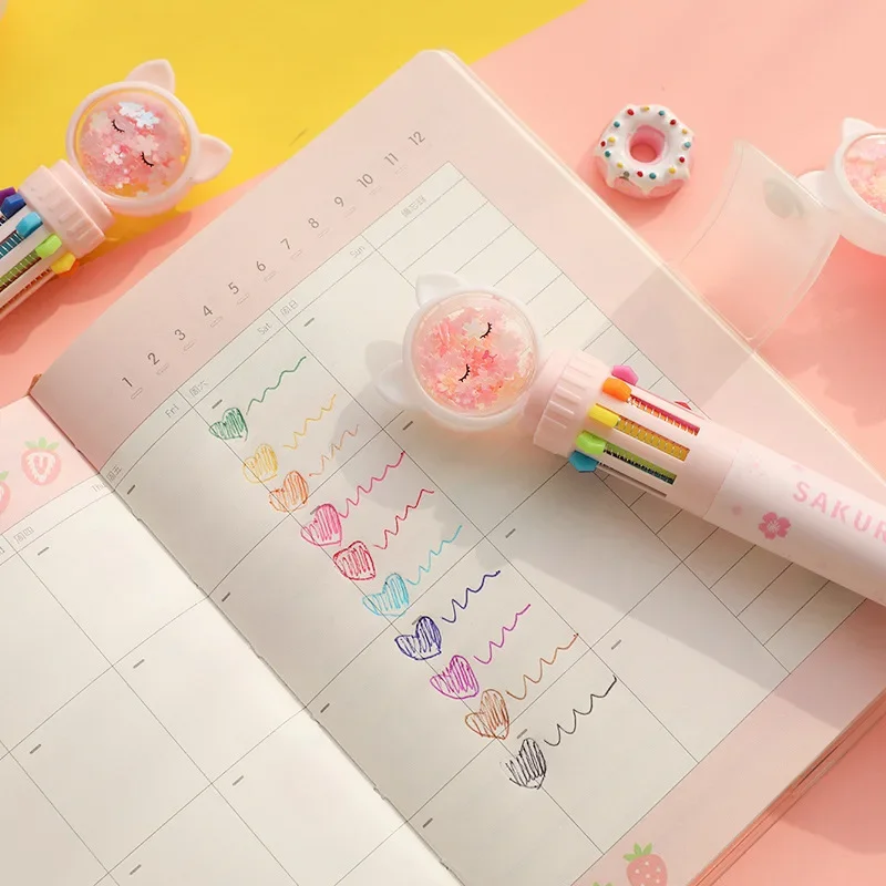 Kawaii Cartoon Sugar Flash Drilling Cat Colorful Ballpoint Pen Girlish Multi-colored Pen Push Type School Office Students Pen