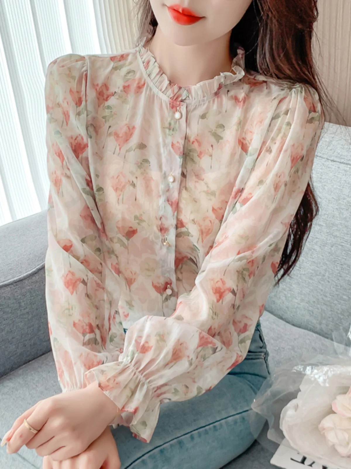 

Elegant Floral Print Chiffon Shirt Women's Long Sleeve Stand Collar Beautiful Ageless Korean Style Bubble Sleeve Top