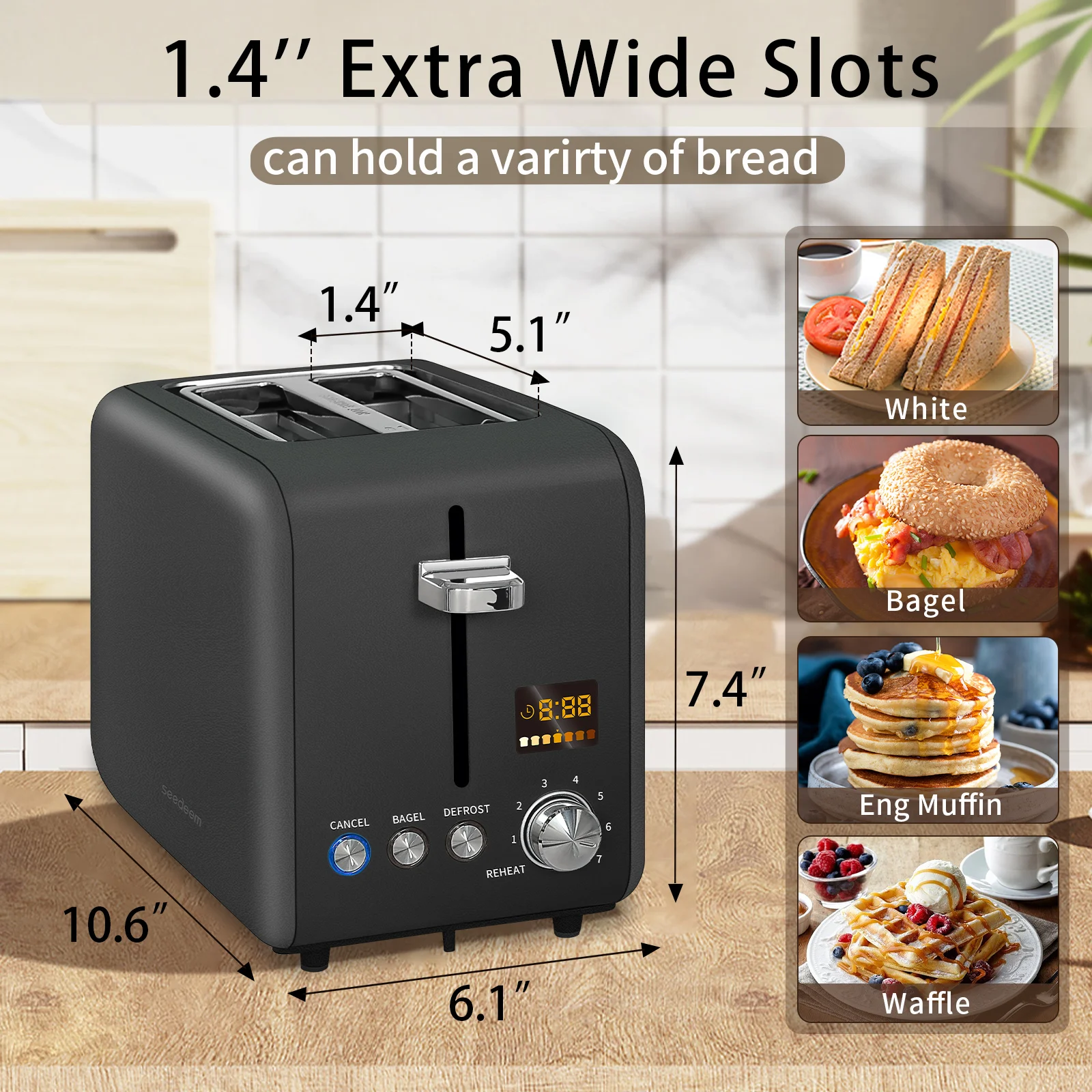 Toaster 2 Slice,Stainless Steel,LCD Display,7 Bread Shade Settings,1.4'' Wide Slots,4-in-1 Functions,Removable Crumb Tray,900W