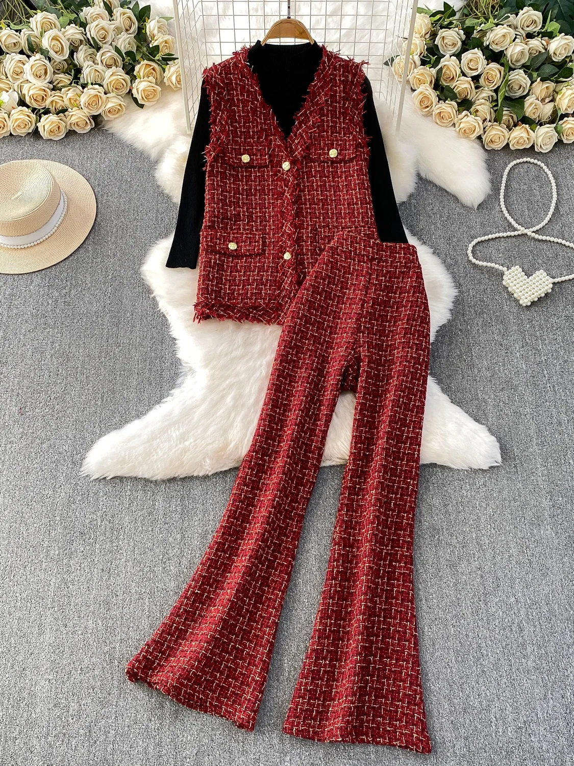 

Heavyweight Knitted Fringed V-Ne Mid-Length Vest Knitted Base irt Flared Pants Tee-Piece Set Faionable Autumn Wear fo...