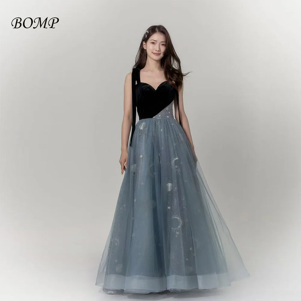 

BOMP Contrast Blue Wedding Dress Bow Swetheart Floor Length Rulle Korea Photo Shoot Evening Bridal Gown Customized Elegant
