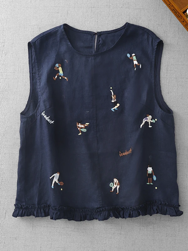 Retro Embroidered Abstract Pattern Svel irt Large Size Women's Casual Linen Vest Summer Faionable Versatile Commute...