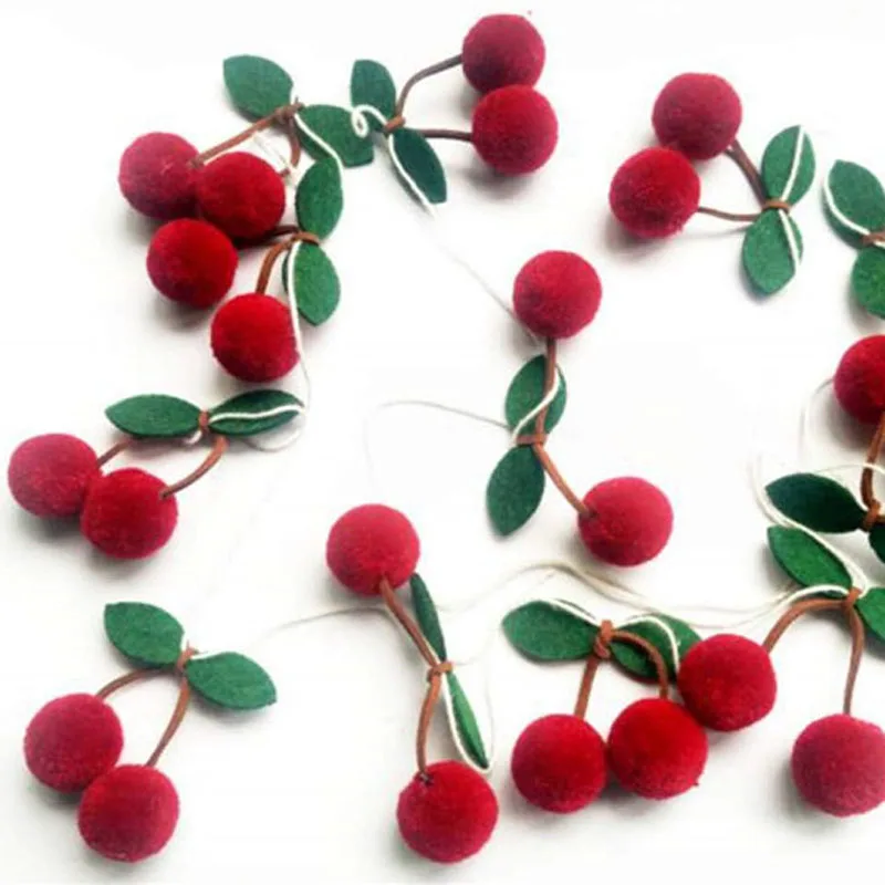 Cherry Felt Ball Handmade Garland String Wall Hanging Ornaments Hair Ball Pendant Kids Room Decoration Baby Shower Party Favor