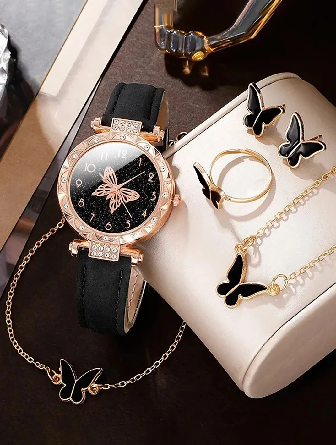 6pcs Fashion Trend Watch Luxury Women\'s watch Quartz watch Diamond Fashion women\'s watch with butterfly jewelry set