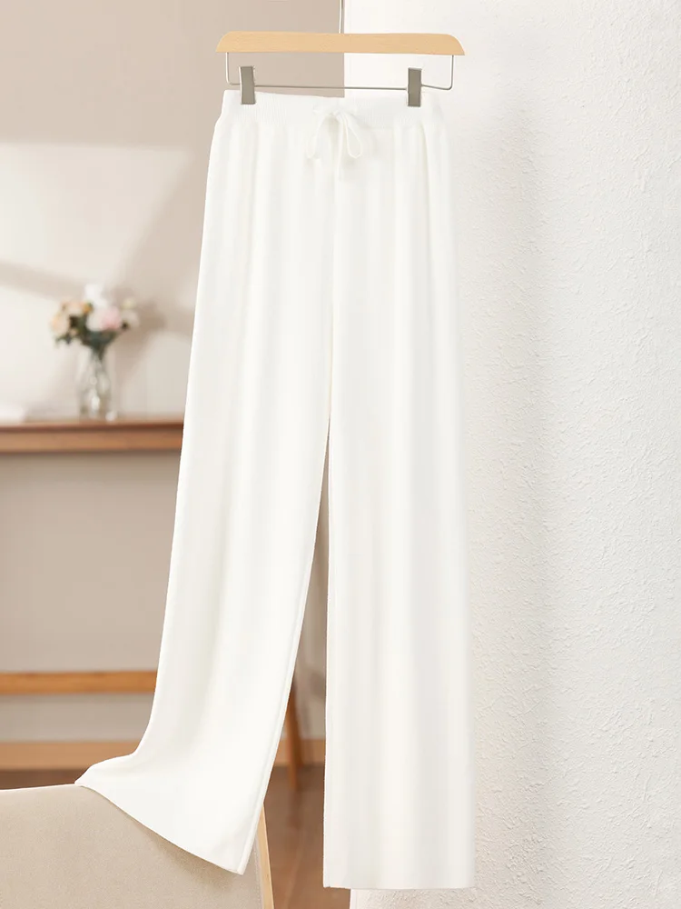 Calça feminina de malha de cintura alta com pernas largas, elástica, quente, corte reto, tamanho pequeno, comprimento até o chão, camada de base...