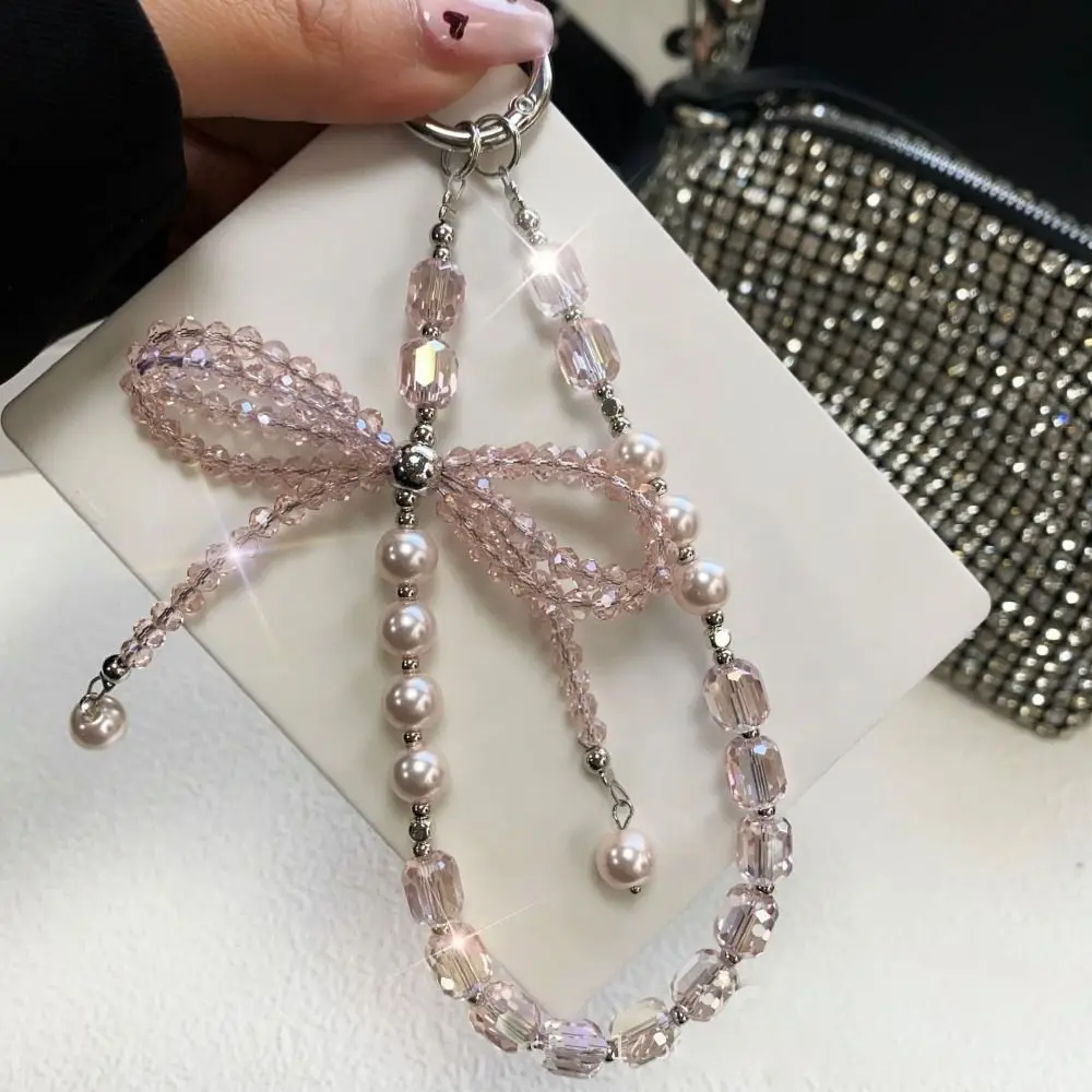 Sweet Crystal Bowknot Mobile Phone Lanyard Handmade DIY Bag Pendant Hand-beaded Phone Charm
