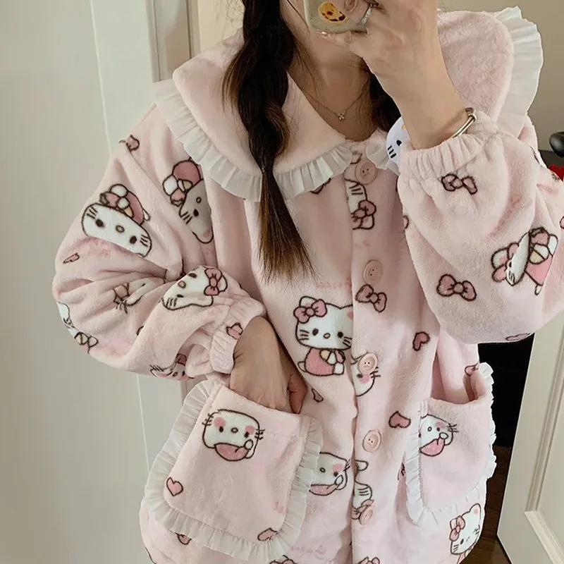 

Женская пижама с рисунком Hello Kitty Easy Bear, зимняя коралловая бархатная плюс толстая милая студенческая удобная домашняя одежда для отдыха, подарок