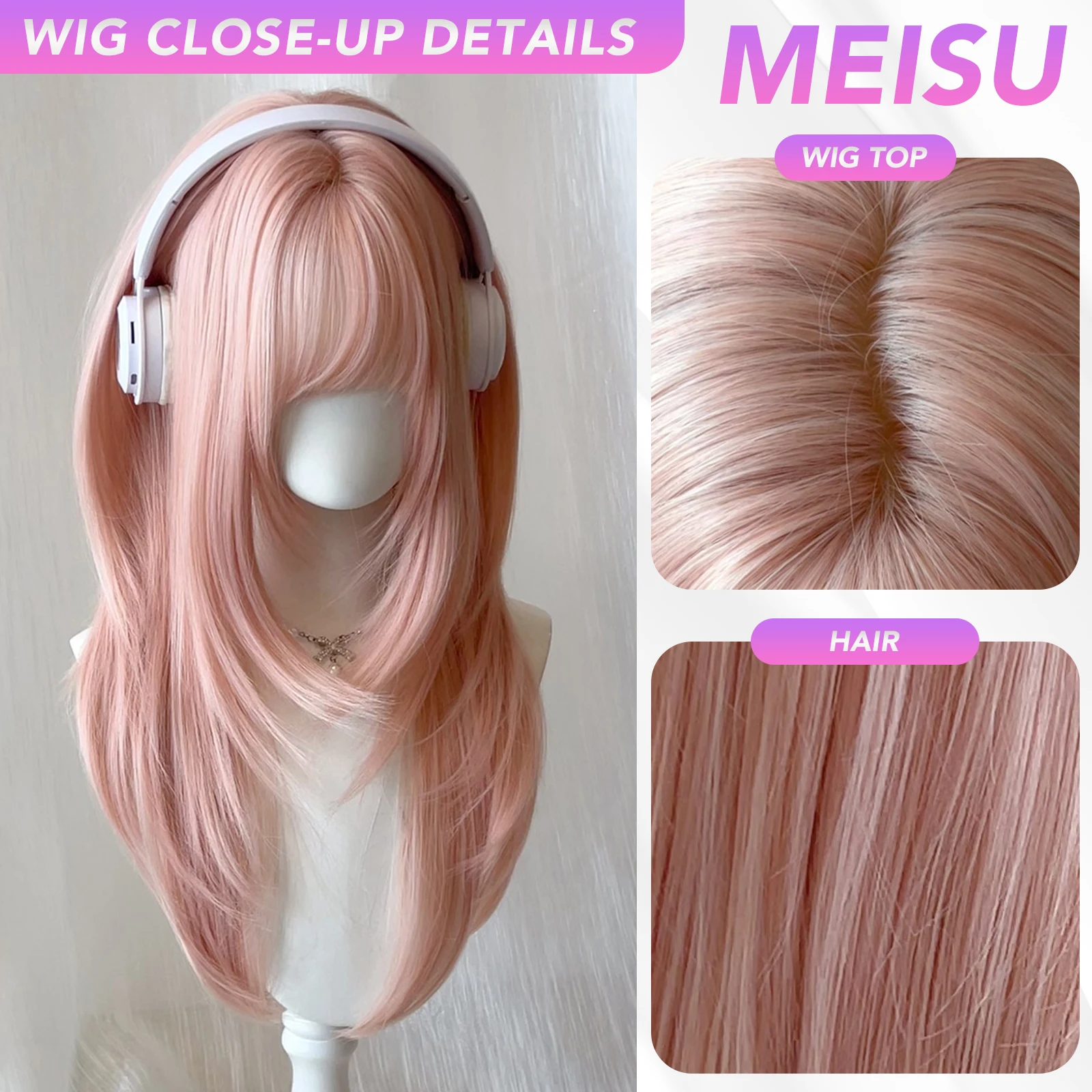 MEISU 24 Inch Synthetic Straight Wigs Air Bangs Hair PINK Heat-Resistant Natural And Smoot Daily Wear For Women