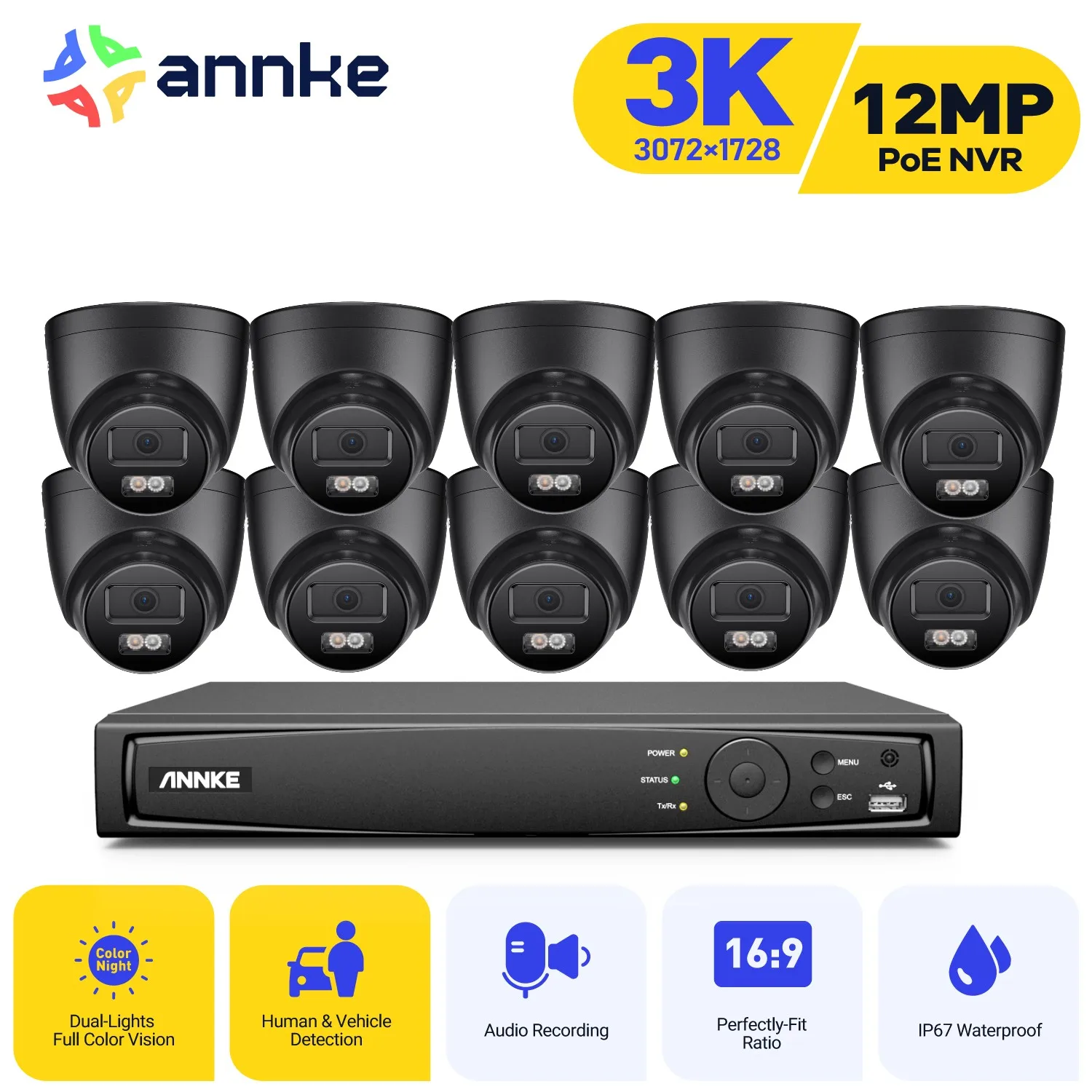 ANNKE 16CH NVR Security Camera System Smart Dual Light with 10pcs H.265+ Waterproof Motion Detection CCTV CameraSurveillance Kit